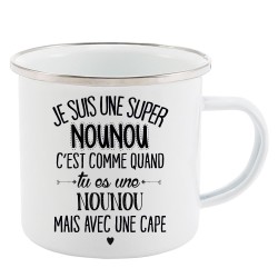 Mug Tasse Rétro en métal émaillé imprimé citation  je suis super une nounou avec une cape