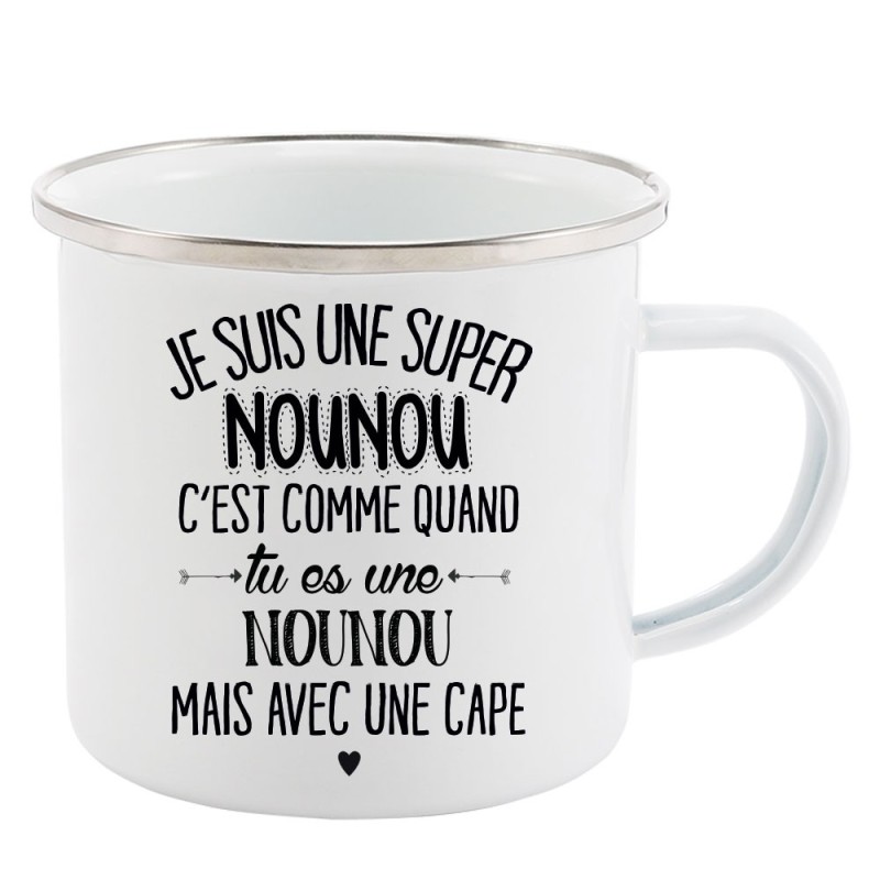 Mug Tasse Rétro en métal émaillé imprimé citation  je suis super une nounou avec une cape
