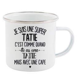 Mug Tasse Rétro en métal émaillé imprimé citation  je suis super une tatie avec une cape