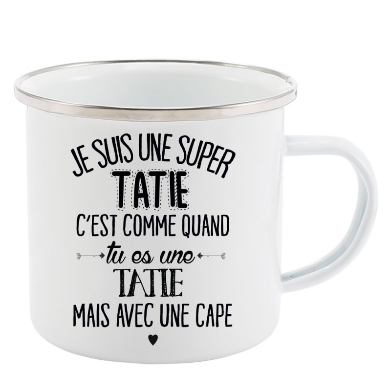 Mug Tasse Rétro en métal émaillé imprimé citation  je suis super une tatie avec une cape