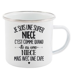 Mug Tasse Rétro en métal émaillé imprimé citation  je suis super une nièce avec une cape