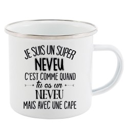 Mug Tasse Rétro en métal émaillé imprimé citation je suis super un neveu avec une cape