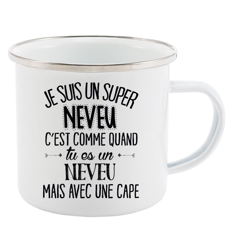 Mug Tasse Rétro en métal émaillé imprimé citation je suis super un neveu avec une cape