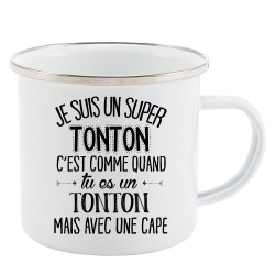 Mug Tasse Rétro en métal émaillé imprimé citation je suis un super tonton avec une cape