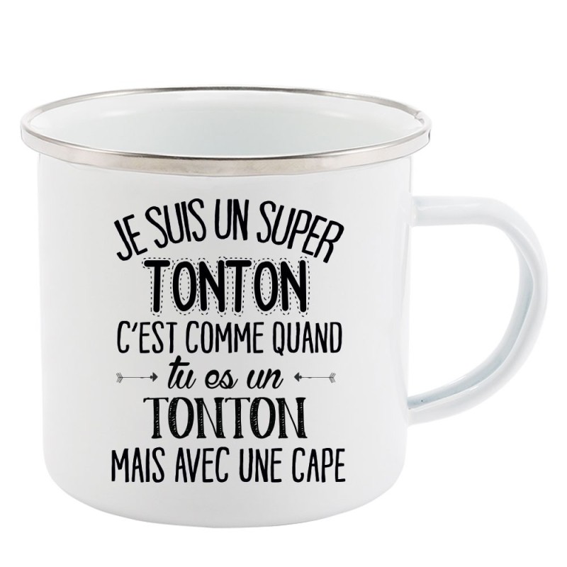 Mug Tasse Rétro en métal émaillé imprimé citation je suis un super tonton avec une cape