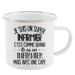 Mug Tasse Rétro en métal émaillé imprimé citation je suis un super infirmier avec une cape
