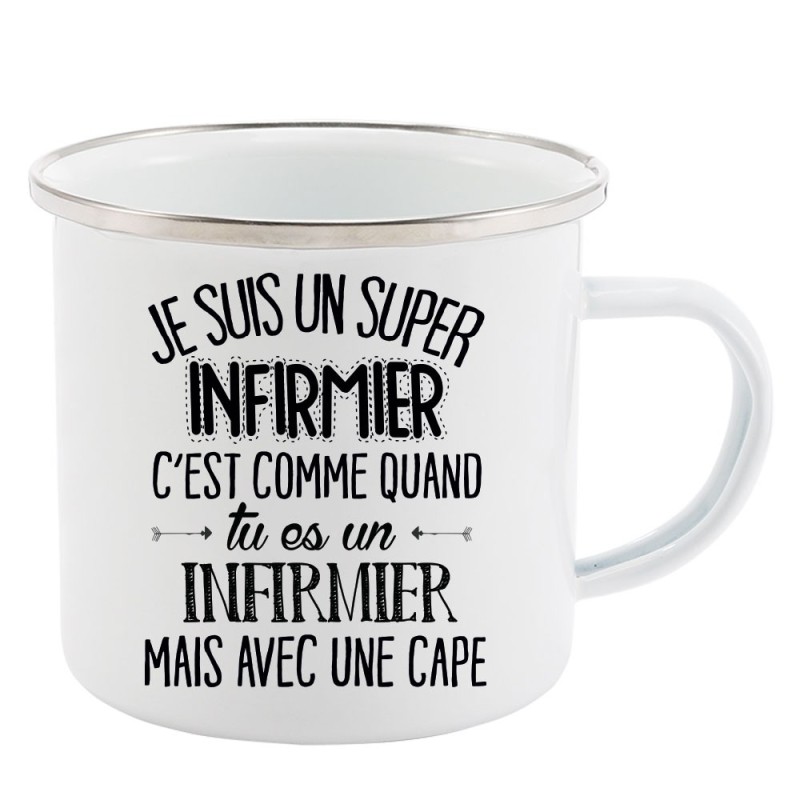 Mug Tasse Rétro en métal émaillé imprimé citation je suis un super infirmier avec une cape