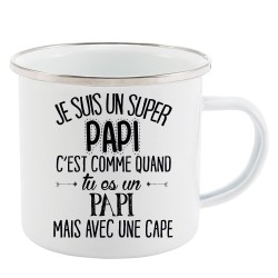 Mug Tasse Rétro en métal émaillé imprimé citation je suis un super papi avec une cape