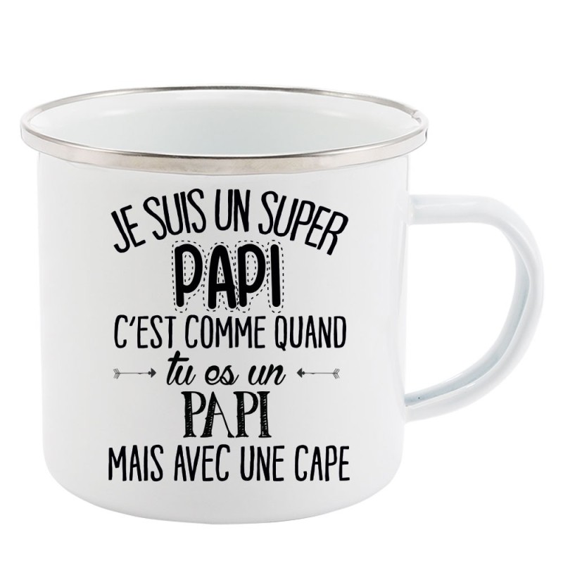 Mug Tasse Rétro en métal émaillé imprimé citation je suis un super papi avec une cape