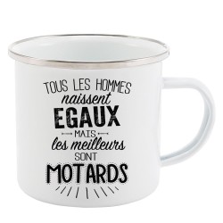 Mug Tasse Rétro en métal émaillé imprimé citation Tous les hommes naissent égaux les meilleurs sont motards