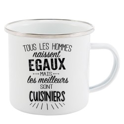 Mug Tasse Rétro en métal émaillé imprimé citation Tous les hommes naissent égaux les meilleurs sont cuisiniers