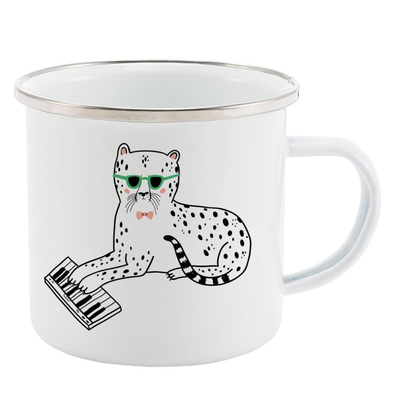 Mug Tasse Rétro en métal émaillé imprimé illustration panthère piano