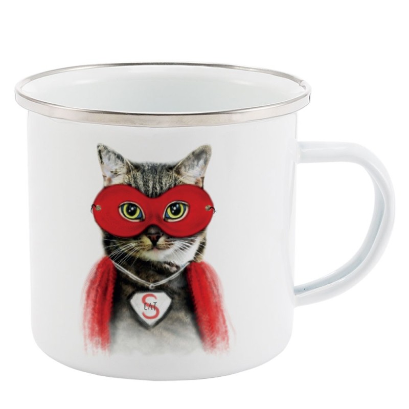 Mug Tasse Rétro en métal émaillé imprimé illustration chat super héros