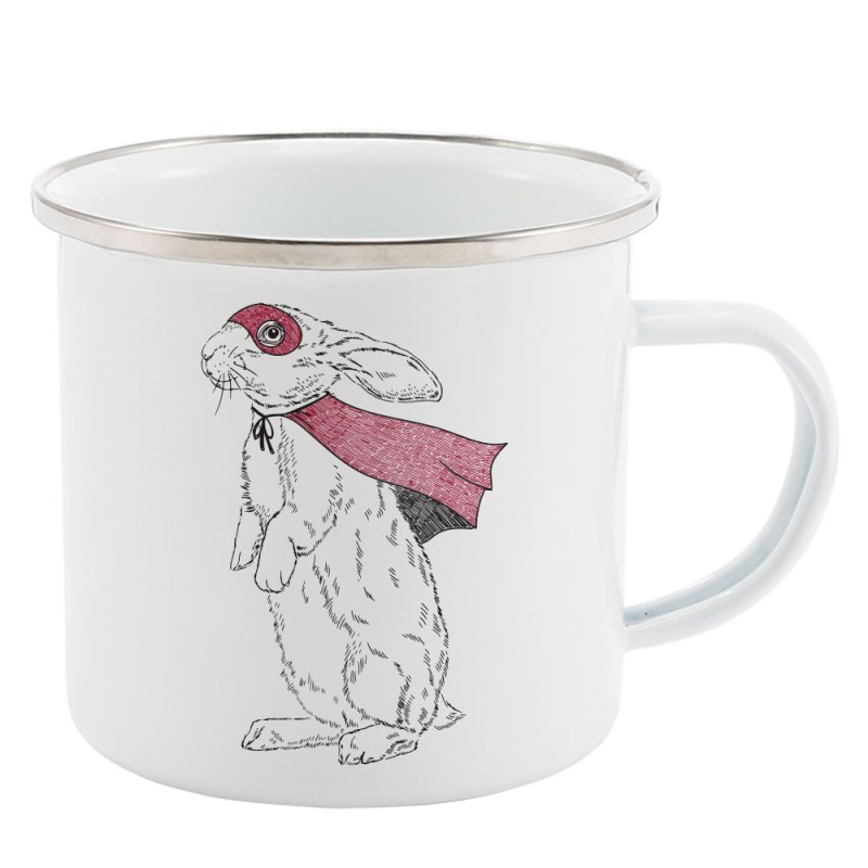 Mug Tasse Rétro en métal émaillé imprimé illustration lapin super héros