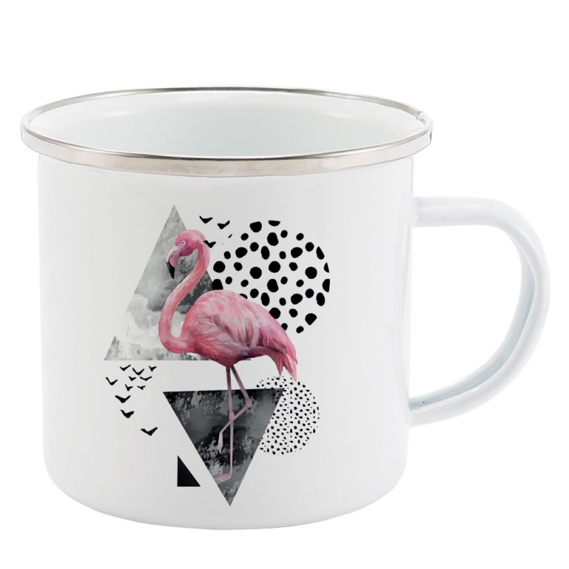 Mug Tasse Rétro en métal émaillé imprimé illustration flamand rose