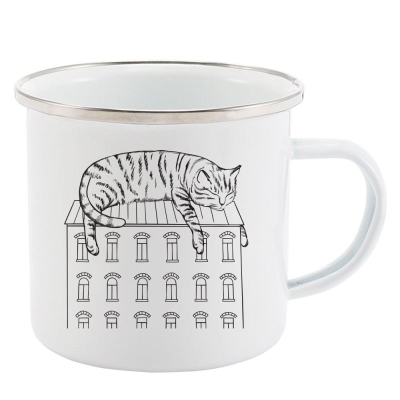 Mug Tasse Rétro en métal émaillé imprimé illustration chat
