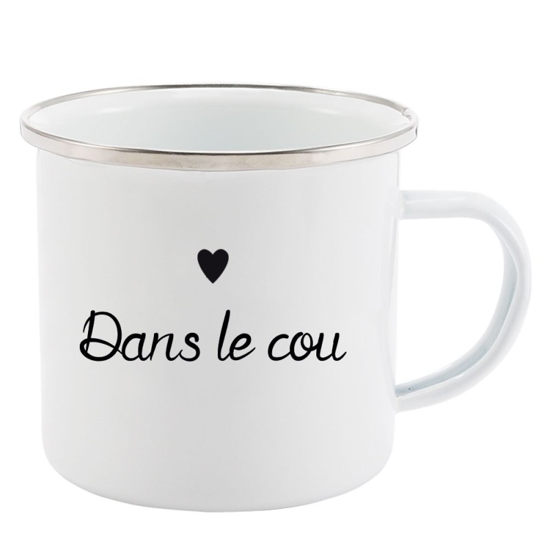 Mug Tasse Rétro en métal émaillé imprimé citation coeur dans le cou