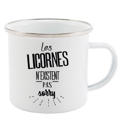 Mug Tasse Rétro en métal émaillé imprimé citation Les licornes n'existent pas sorrry