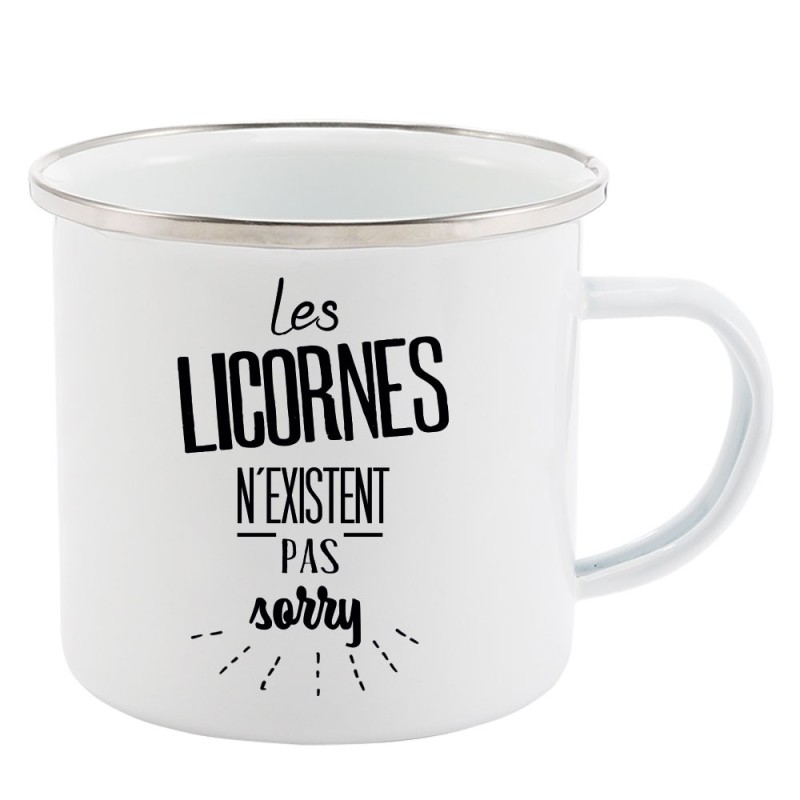 Mug Tasse Rétro en métal émaillé imprimé citation Les licornes n'existent pas sorrry