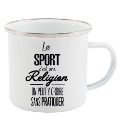 Mug Tasse Rétro en métal émaillé imprimé citation Le sport c'est une religion on peut y croire sans le pratiquer
