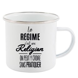 Mug Tasse Rétro en métal émaillé imprimé citation Le régime c'est une religion on peut y croire sans le pratiquer