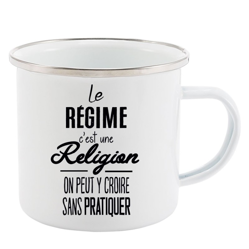 Mug Tasse Rétro en métal émaillé imprimé citation Le régime c'est une religion on peut y croire sans le pratiquer