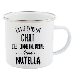 Mug Tasse Rétro en métal émaillé imprimé citation La vie sans un chat c'est comme une tartine sans nutella