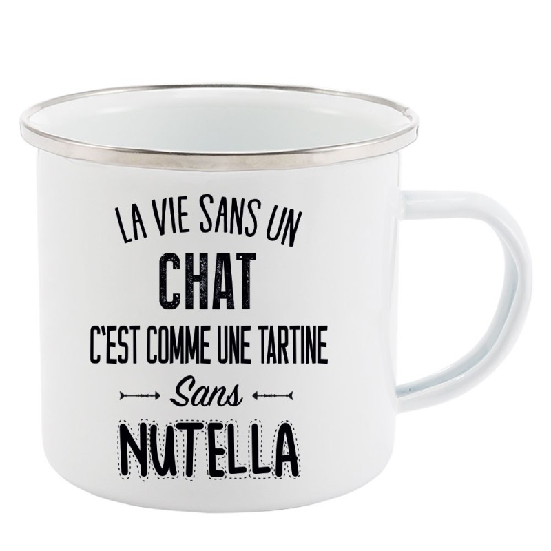 Mug Tasse Rétro en métal émaillé imprimé citation La vie sans un chat c'est comme une tartine sans nutella