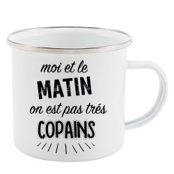 Mug Tasse Rétro en métal émaillé imprimé citation humour citation Moi et le matin on est pas tres copains