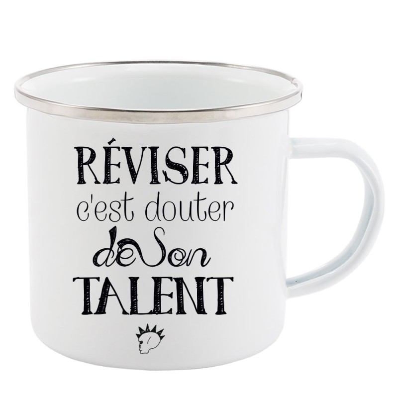 Mug Tasse Rétro en métal émaillé imprimé citation humour citation Réviser c'est douter de son talent