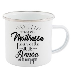 Mug Tasse Rétro en métal émaillé imprimé citation humour citation Merci maitresse pour cette jolie année