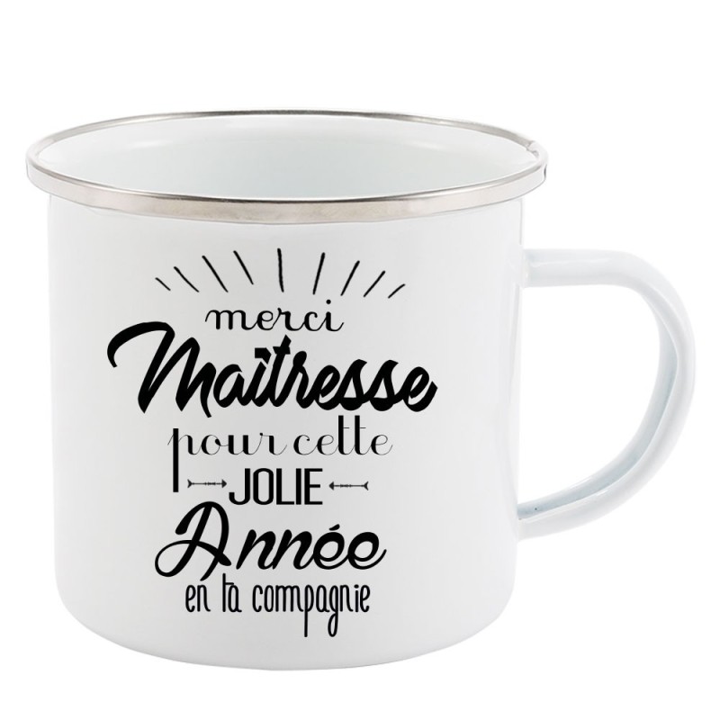 Mug Tasse Rétro en métal émaillé imprimé citation humour citation Merci maitresse pour cette jolie année