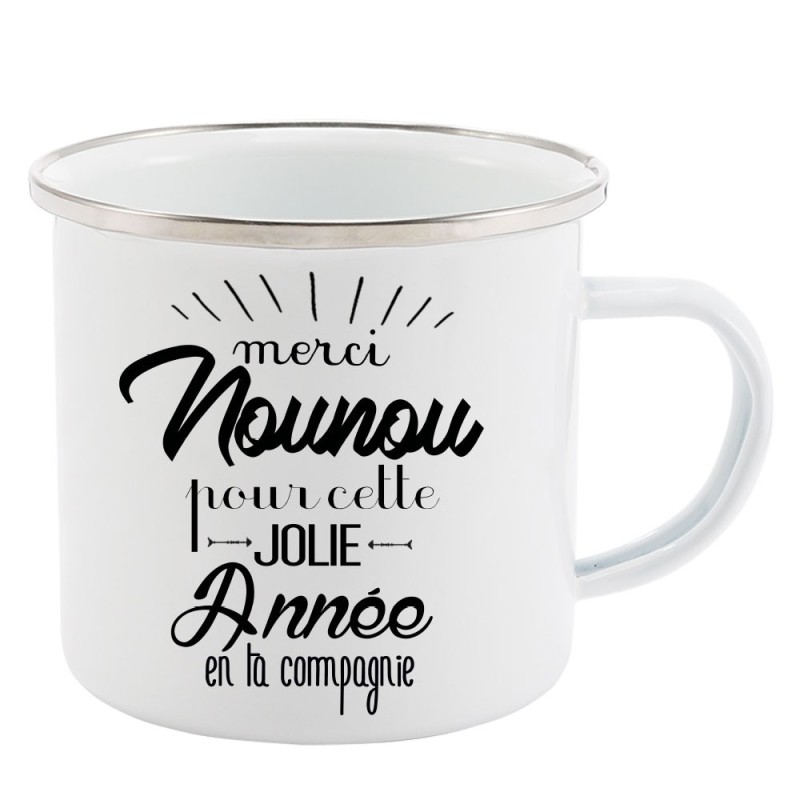 Mug Tasse Rétro en métal émaillé imprimé citation humour citation Merci Nounou pour cette jolie année