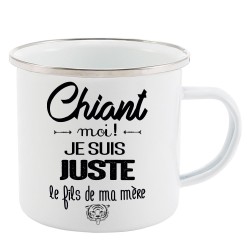 Mug Tasse Rétro en métal émaillé imprimé citation humour citation Chiant moi je suis juste le fils de ma mère