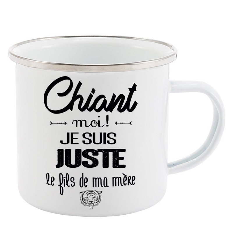 Mug Tasse Rétro en métal émaillé imprimé citation humour citation Chiant moi je suis juste le fils de ma mère