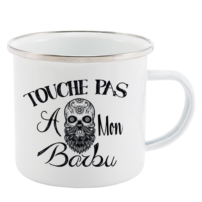 Mug Tasse Rétro en métal émaillé imprimé citation humour citation Touche pas a mon barbu