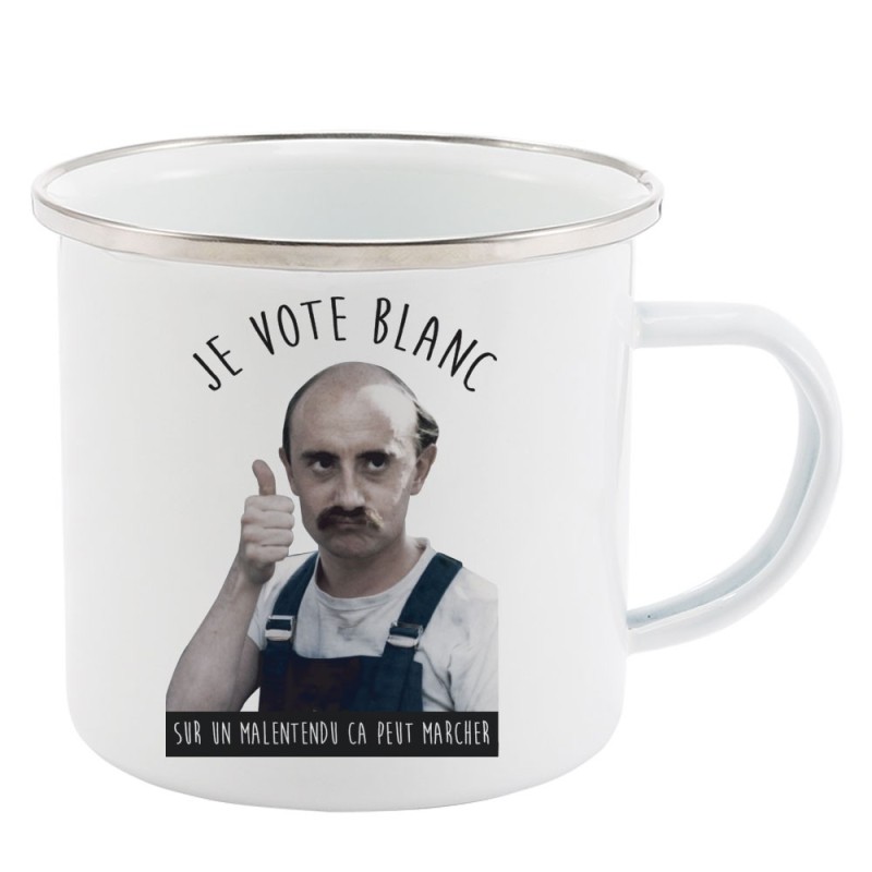 Mug Tasse Rétro en métal émaillé imprimé illustration citation Je vote blanc