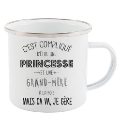Mug Tasse Rétro en métal émaillé imprimé illustration citation C'est compliqué d'être une princesse et une grand mère a la fois