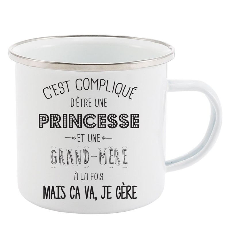 Mug Tasse Rétro en métal émaillé imprimé illustration citation C'est compliqué d'être une princesse et une grand mère a la fois