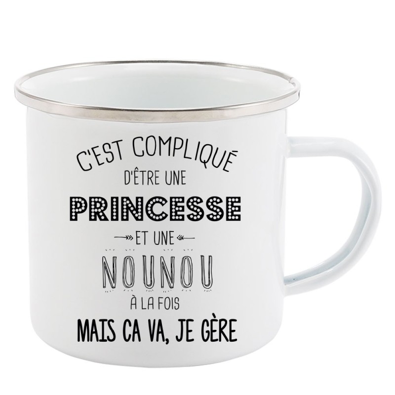 Mug Tasse Rétro en métal émaillé imprimé illustration citation C'est compliqué d'être une princesse et une nounou a la fois