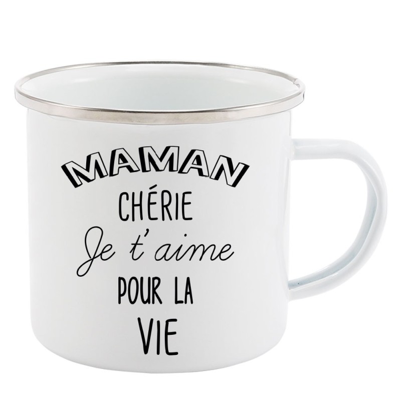 Mug Tasse Rétro en métal émaillé imprimé illustration citation Maman chérie je t'aime pour la vie