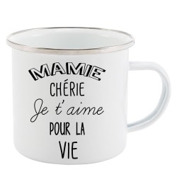 Mug Tasse Rétro en métal émaillé imprimé illustration citation mamie chérie je t'aime pour la vie