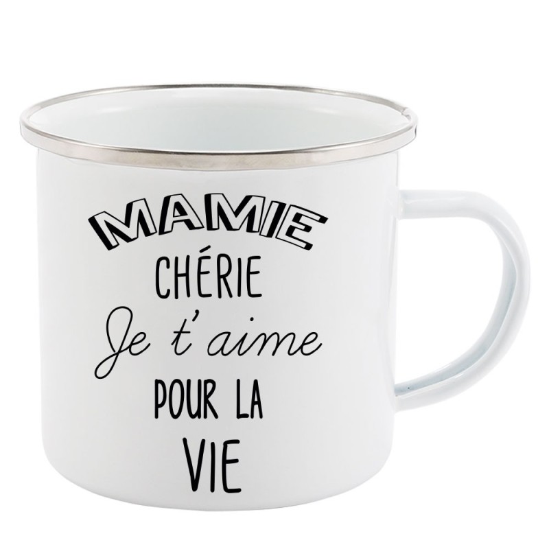Mug Tasse Rétro en métal émaillé imprimé illustration citation mamie chérie je t'aime pour la vie