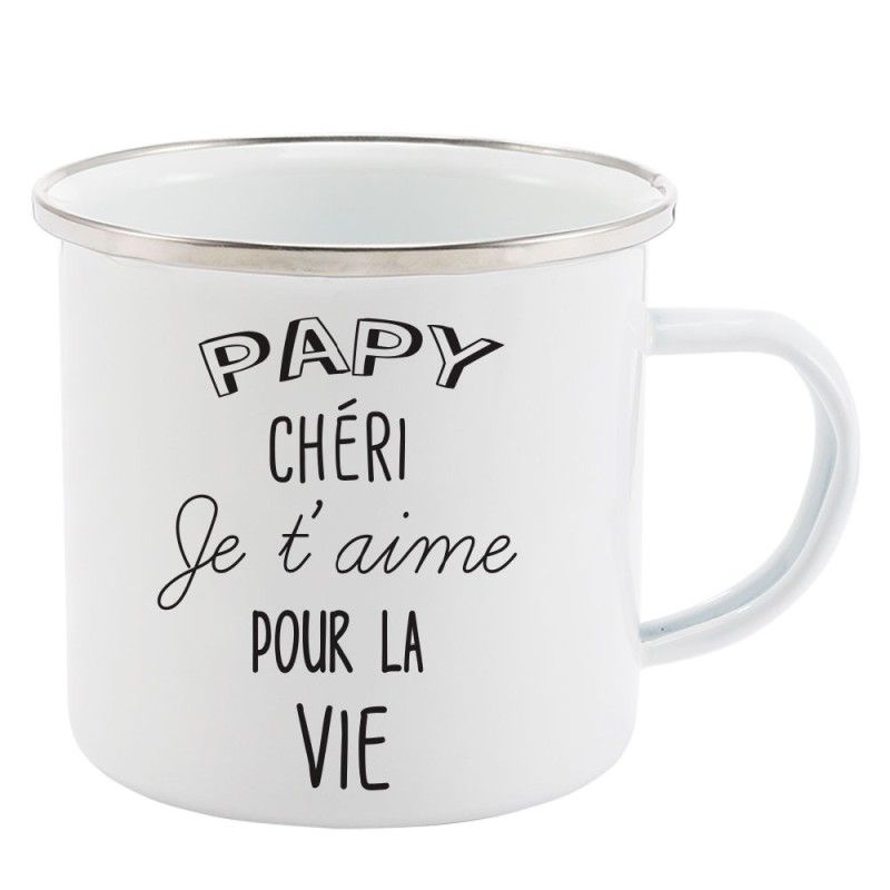 Mug Tasse Rétro en métal émaillé imprimé illustration citation papy chéri je t'aime pour la vie