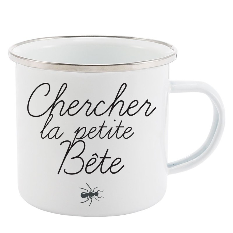 Mug Tasse Rétro en métal émaillé imprimé illustration citation illustration Chercher la petite bête