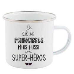 Mug Tasse Rétro en métal émaillé imprimé illustration citation illustration je suis une princesse mais aussi un super héros