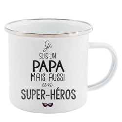 Mug Tasse Rétro en métal émaillé imprimé illustration citation illustration je suis un Papa mais aussi un super héros