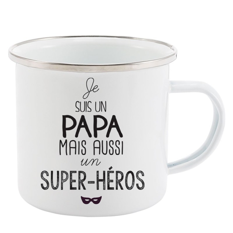 Mug Tasse Rétro en métal émaillé imprimé illustration citation illustration je suis un Papa mais aussi un super héros