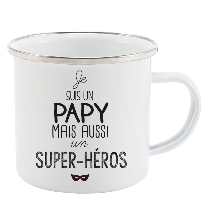 Mug Tasse Rétro en métal émaillé imprimé illustration citation illustration je suis un Papy mais aussi un super héros