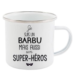 Mug Tasse Rétro en métal émaillé imprimé illustration citation illustration je suis un Barbu mais aussi un super héros